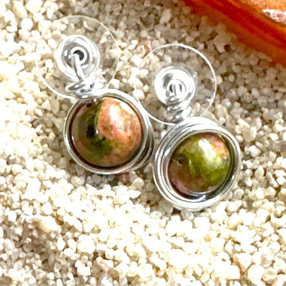 Unakite studs statement gem earrings in silver/ protection crystal for S… - Picture 1 of 8